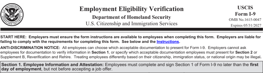 I-9 Form Top Section